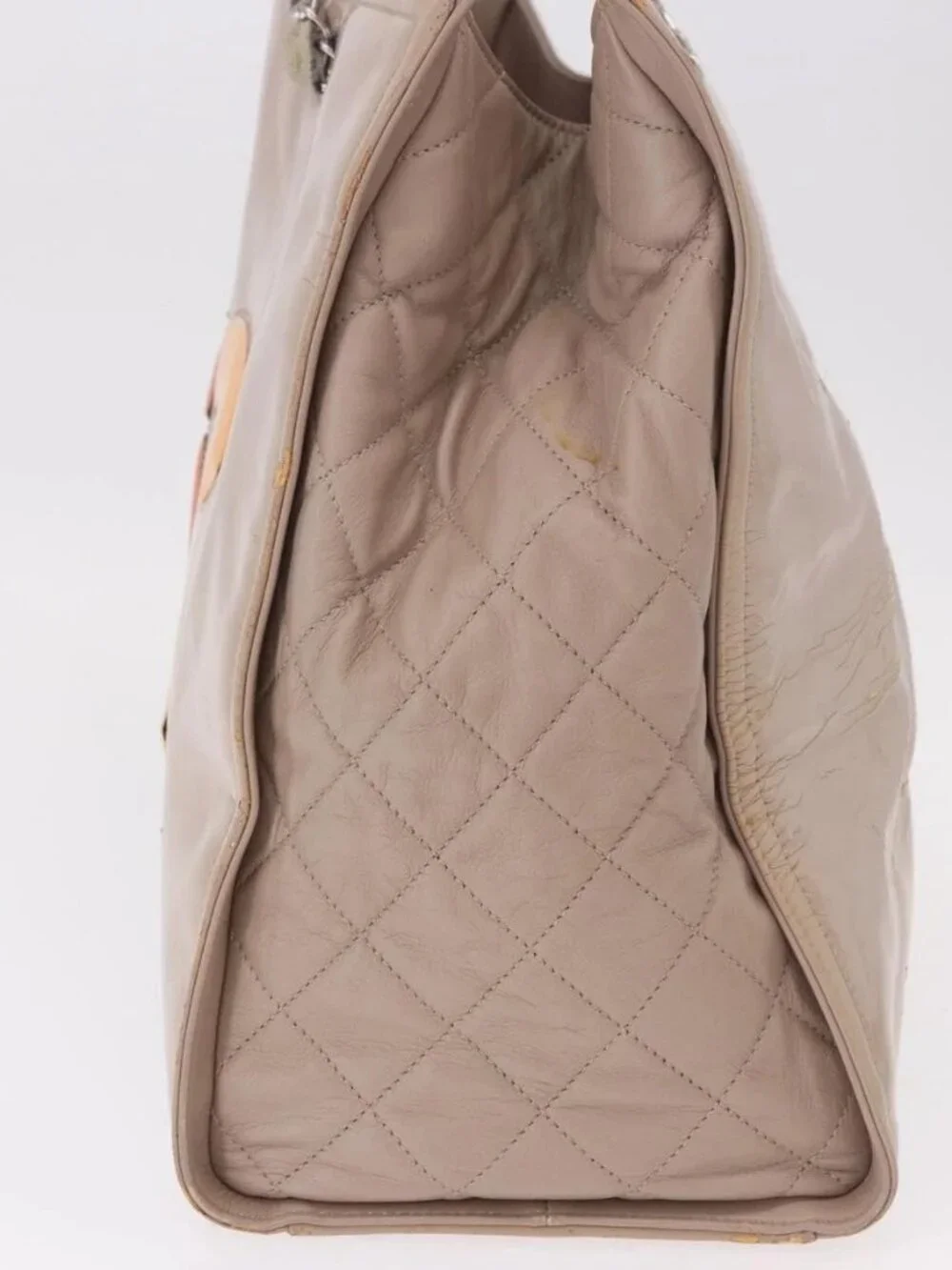 CHANEL Chain Tote Bag Patent leather Beige CC Auth EC956
